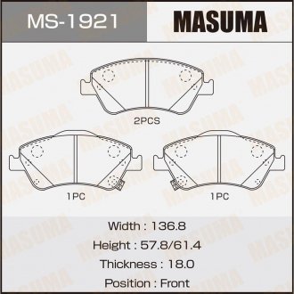 Колодка тормозная передняя Toyota Auris (08-11), Corolla (08-10) MASUMA MS1921 (фото 1)