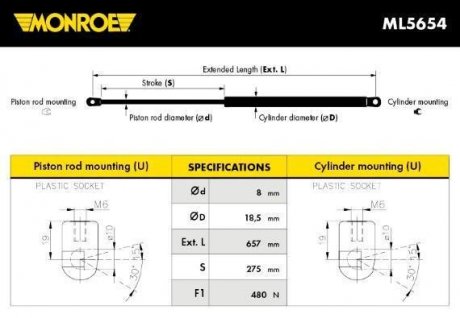 Фото автозапчасти газовая пружина багажника FORD KUGA I 03.08- MONROE ML5654