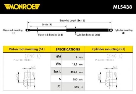 Газова пружина капота макс довжина: 459,5мм, хід штока:180мм MERCEDES E T-MODEL (S210), E (W210) 06.95-03.03 MONROE ML5438 (фото 1)