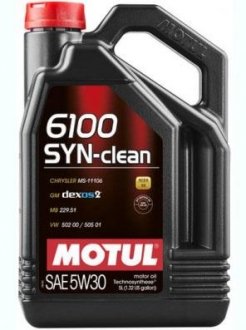 Олія 5W30 6100 SYN-clean (5L) (CHRYSLER MS-11106/GM dexos2TM/Mercedes 229.51/Volkswagen 502 00/505 01) Motul 814251