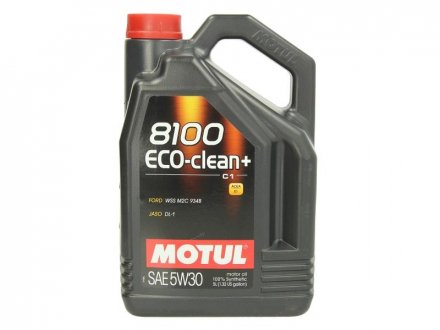 Фото автозапчасти масло моторне 100% синтетичне 8100 ECO-CLEAN+(5L +) SAE 5W30; ACEA C1; FORD WSS-M2C934-B; JAGUAR JTJLR 03.5005; JASO DL-1 Motul 842551 / 101584