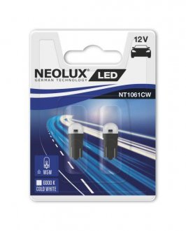 LED лампочка LED, 2шт, W5W, NT1061CW-02B, 12В, max. 1,5Вт, колір світла білий прохолодний, max. 6000K, тип гнізда W2.1x9.5d, немає схвалення - не підходить для використання на дорогах загального корис NEOLUX NLXNT1061CW02B (фото 1)
