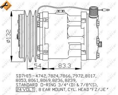 Фото автозапчасти компрессор кондиционера VOLVO F10, F12, F16, FL10, FL12, FL6, FL7, FLC, FS7 08.77-09.00 NRF 32769