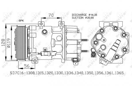 Фото автозапчастини компресор кондиціонера CITROEN C4, C4 GRAND PICASSO I, C4 I, C4 PICASSO I; PEUGEOT 307, 308, 308 I 2.0D 10.03-12.14 NRF 32772