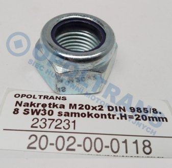 Фото автозапчастини гайка колеса з різьбою m20x2 din 985/8.8 sw30 samokontr.h=20mm OPOLTRANS 2002000118