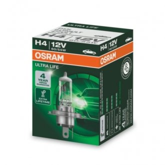 Лампочка галоген, 1шт, H4, 12В, max. 60/55Вт, тип гнезда P43T, (EN) 4-year guarantee OSRAM 64193ULT (фото 1)