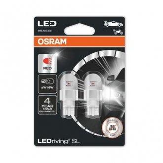 LED лампочка (упаковка-блістер 2шт) W16W 12В 2,2Вт W2,1X9,5D немає дозволу для використання на дорогах загального призначення LEDriving SL, червона OSRAM 921DRP-02B (фото 1)
