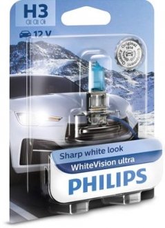 Лампа накаливания H3 WhiteVision ultra 12V 55W P14,5s (+60) (3900K) 1шт. blister (пр-во) PHILIPS 12336WVUB1 (фото 1)