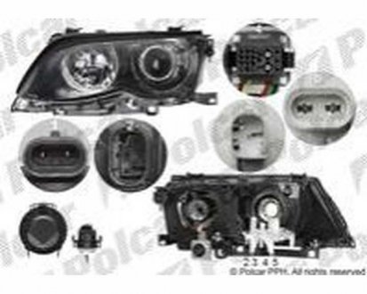 Фото автозапчастини фара основна BMW3 E46 SDN/KB, 02- (7 165 831, 63127165831, 63127165775, 6910967, 7165775, 63126910967) Polcar 2009091E