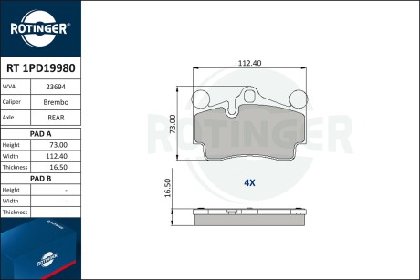 Фото автозапчасти колодки тормозные дисковые комплект ROTINGER RT 1PD19980