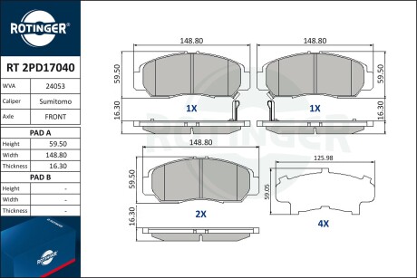 Фото автозапчастини колодки тормозные дисковые комплект ROTINGER RT 2PD17040