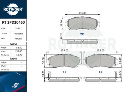 Фото автозапчасти колодки тормозные дисковые комплект ROTINGER RT 2PD20460