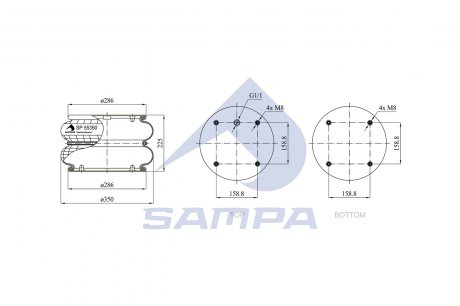 Пневморессора ленивца (бублик) (баллон с металом) DAF 85CF, 95XF 01.97-09.02 (2B-355) (под 4 шпильки) (1307058) SAMPA SP 55350-2P02