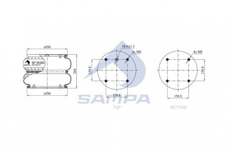 Пневмоподушка задня підйом лінивця (сільфон) 2х секційний DAF CF 75, CF 85, XF 105, XF 95 01.01- (FD530-30P04) SAMPA SP 55350-2P03 (фото 1)