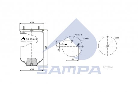 Пневморессора\Пневмоподушка 4022NP02 (SAF) 2 шпильки смещены+воздух М22 без стакана 16 мм (4284300600) SAMPA SP 554022