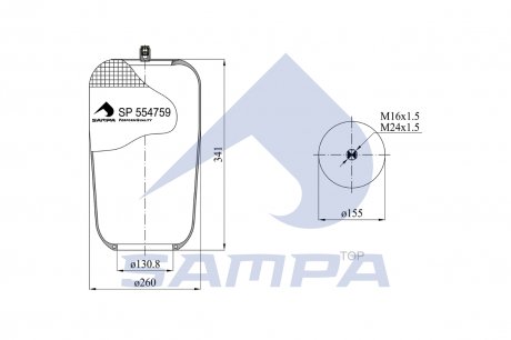 Фото автозапчасти пневморессора без стакана Mercedes 4759N Actros Low Liner (d130.8xd260x335) (9423270401) SAMPA SP 554759