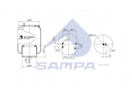 Пневмоподушка SCANIA P/G/R/T-SERIES d300mm H-350mm M16x1,5 зад. зі стаканом SAMPA SP 554933-K (фото 1)