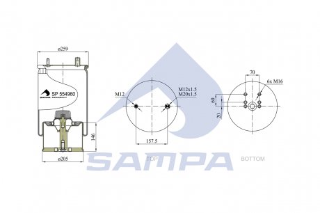 Пневмоподушка BPW O/SL/AL зі стаканом SAMPA SP 554960-K (фото 1)