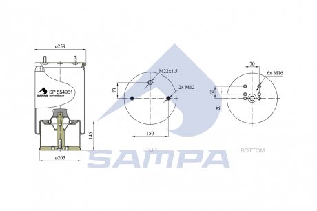 Пневморессора с металлическим стаканом BPW 30K 4961NP02 (d332x320) (0542942040) SAMPA SP 554961-K (фото 1)