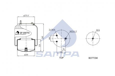 Пневмоподушка DAF XF/CF EURO 6 >2013 зі стаканом задня передня SAMPA SP 556754-K02