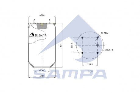 Фото автозапчастини пневморесора підвіски SAF 157x265x500 без склянки 813MB/O SAMPA SP 55813