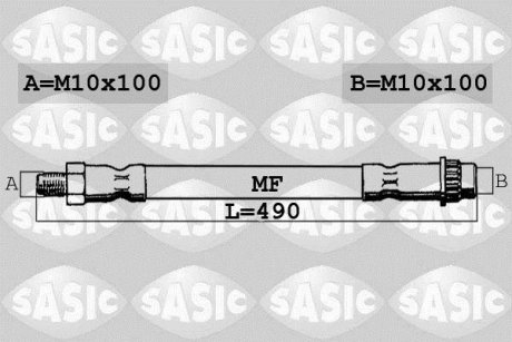 Тормозной шланг, передняя левая/правая (длина 490мм, M10x1/M10x1) CITROEN C8, JUMPY; FIAT SCUDO, ULYSSE; LANCIA PHEDRA; PEUGEOT 807, EXPERT 1.6-3.0 10.95- SASIC 6600007 (фото 1)