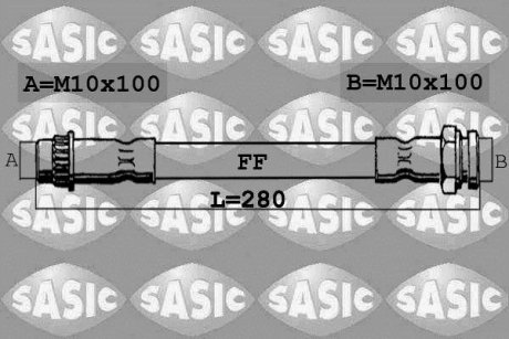 Тормозной шланг, задний левая/правая (длина 280мм, M10x1/M10x1) CITROEN BERLINGO, BERLINGO/MINIVAN, XSARA PICASSO; PEUGEOT PARTNER, PARTNER/MINIVAN 1.1-Electric 06.96- SASIC 6600018 (фото 1)