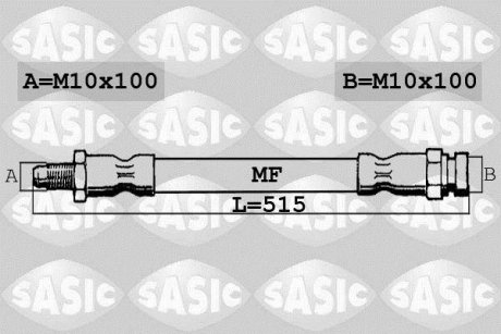 Гальмівний шланг, передня ліва/права (довжина 515мм, M10x1/M10x1) CITROEN JUMPER; FIAT DUCATO; PEUGEOT BOXER 2.0D-3.0D 04.06- SASIC 6600055
