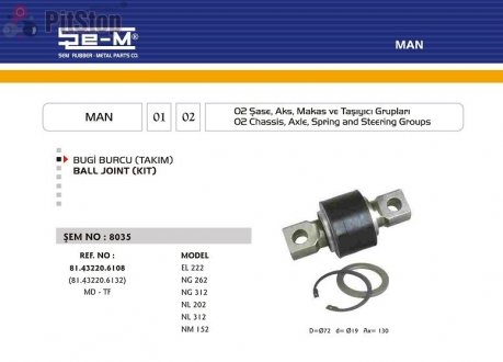 Фото автозапчасти комплект ремонтной тяги реактивной резина-металл. MAN M2000,M90 резиновый D72x19x130 (81.43220.6108 S, 81432206108, 81432206109, 81432206132, 81432206132*) SEM LASTIK 8035.