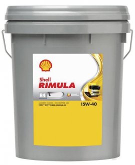 Фото автозапчасти масло двигателя RIMULA (20L+Низкий уровень SAPS) SAE 15W40 API CH-4; CI-4; CI-4+; CJ-4; CK-4; ACEA E7; E9; CATERPILLAR ECF-2; CATERPILLAR ECF-3; CUMMINS 20071; CUMMINS 20072; CUMMINS 20077; CUMMINS 200 SHELL RIMULA R4 L 15W40 20L