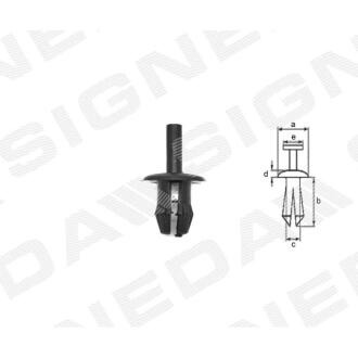 Фото автозапчасти пластмассовые крепления a - 16mm, b - 13mm, c - 9mm, d - 2mm, e - 4mm, Захист двигуна PEUGEOT 605, 89 - 99 (697334) SIGNEDA T39610