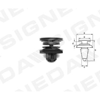 Фото автозапчасти пластмассовые крепления a - 22mm, b - 20mm, c - 10mm, d - 2mm/2mm, e - 21mm, Внутрішнє оздоблення SEAT CORDOBA, 02 - 09 (3B0868243) SIGNEDA T44710