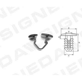 Фото автозапчасти пластмассовые крепления a - 25x30mm, b - 16mm, c - 14,5x20mm, d - 14x20mm, e - 5mm, фіксатор шумоізоляції капота SEAT ALHAMBRA, 00 - 09 (867863849A) SIGNEDA T49710