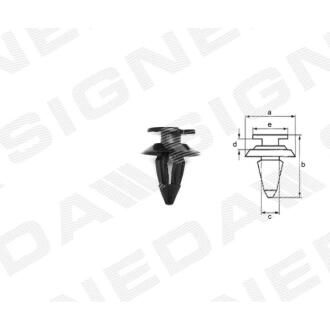 Фото автозапчасти пластмассовые крепления a - 18mm, b - 21mm, c - 9mm, d - 3mm, e - 14mm, Внутрішнє оздоблення AUDI 100 (C3), 82 - 91 (823867299) SIGNEDA T50510