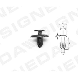 Фото автозапчасти пластмассовые крепления a - 20mm, b - 8mm, c - 7mm, d - 3mm, e - 13mm, захист, підкрилки CITROEN C1 (PM/PN), 05.12 - 08.14 (155309611) SIGNEDA T66510