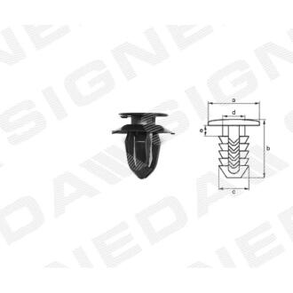 Фото автозапчасти пластмассовые крепления a - 17mm, b - 16mm, c - 7mm, d - 2mm, e - 13mm FORD ESCORT III, 09.80 - 12.85 (6117693) SIGNEDA T70910