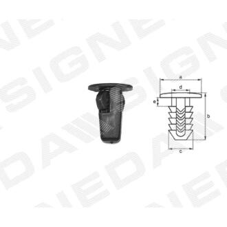 Фото автозапчастини пластмасові кріплення a - 16mm, b - 20mm, c - 8mm, d - 7mm, e - 1mm, Ø - 5mm TOYOTA AVENSIS (T22), 01.00 - 03.03 (94854203) SIGNEDA T72610