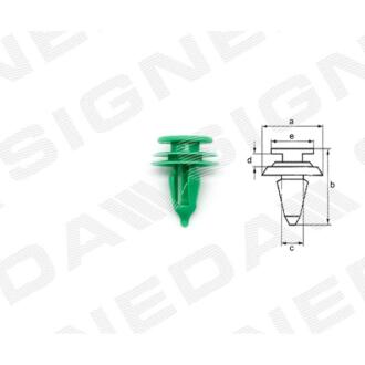 Фото автозапчастини пластмасові кріплення a - 17mm, b - 23mm, c - 8mm, d - 2mm/3mm, e - 14mm, Внутрішнє оздоблення CHRYSLER 300C, 05 - 11 (6503204) SIGNEDA T73810