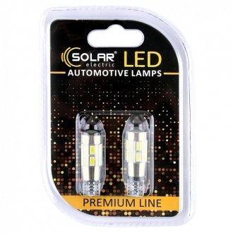 Светодиодные LED автолампы Premium Line 12V T10 W2.1x9.5d 10SMD 5730 + lens CANBUS white блистер 2шт SOLAR SL1348 (фото 1)
