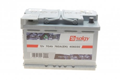 Аккумуляторная батарея 70Ah/760A (278x175x190/+R/B13) (Start-Stop AGM) SOLGY 406030