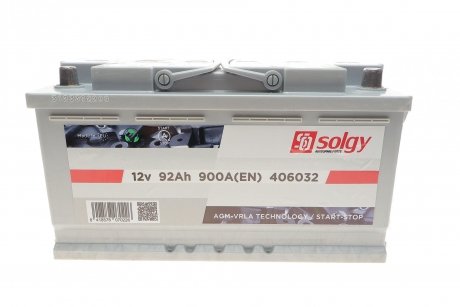 Аккумуляторная батарея 92Ah/900A (315x175x190/+R/B13) (Start-Stop AGM) SOLGY 406032