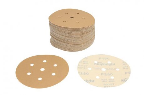 Наждачная бумага GOLD: диск, резьба, количество отверстий: 7, зернистость: P280, диаметр: 150 мм, цвет: бежевый, в упаковке 100 шт. SUNMIGHT SUN52613