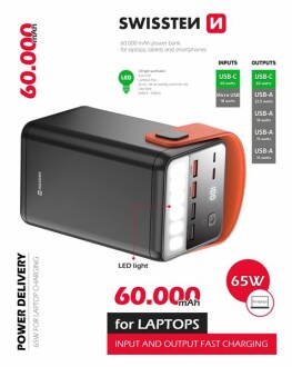 Фото автозапчасти зовнішній акумулятор POWER BANK 60000 mAh, 65W Swissten DO SWS22013943