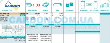 Фото автозапчастини поршни +1.00mm (к-кт на мотор) R18A Honda Civic, FR-V TEIKIN 38659100