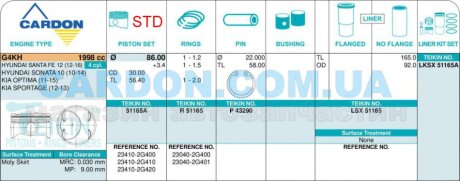 Фото автозапчастини поршни стандарт к-кт на мотор Hyundai G4KH 2,0L TEIKIN 51165ASTD