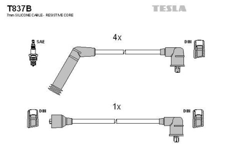 Фото автозапчастини кабель запалювання к-кт HY 89-96 1,3 Tesla T837B