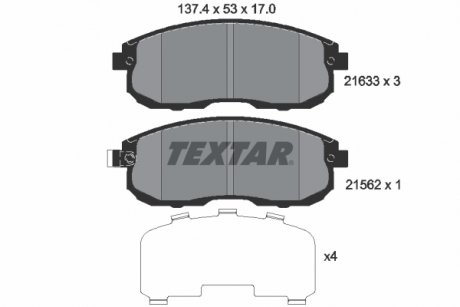 Фото автозапчастини комплект гальмівних колодок спереду ACURA MDX, TL; FIAT PUNTO, SEDICI; FORD TRANSIT CONNECT; HONDA ACCORD VII, CIVIC IX, CIVIC VII, CIVIC VIII, CROSSROAD, FR-V, STREAM 1.0-Electric 08.86- TEXTAR 2163301