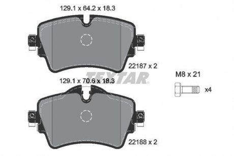 Комплект гальмівних колодок спереду BMW 2 (F45), 2 GRAN TOURER (F46), X2 (F39); MINI (F55), (F56), (F57), CLUBMAN (F54), COUNTRYMAN (F60) 1.5-2.0D 09.13- TEXTAR 2218701 (фото 1)
