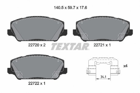 Фото автозапчасти комплект тормозных колодок передний HYUNDAI GENESIS, GRANDEUR, I30, VELOSTER; KIA CEE'D, CERATO III, CERATO KOUP III, OPTIMA, PRO CEE'D 1.0-2.4 01.08- TEXTAR 2272001