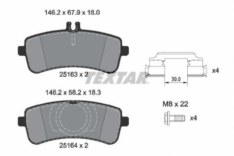 Комплект гальмівних колодок задніх MERCEDES AMG GT (X290), SL (R231) 3.0H-6.0 01.12- TEXTAR 2516305